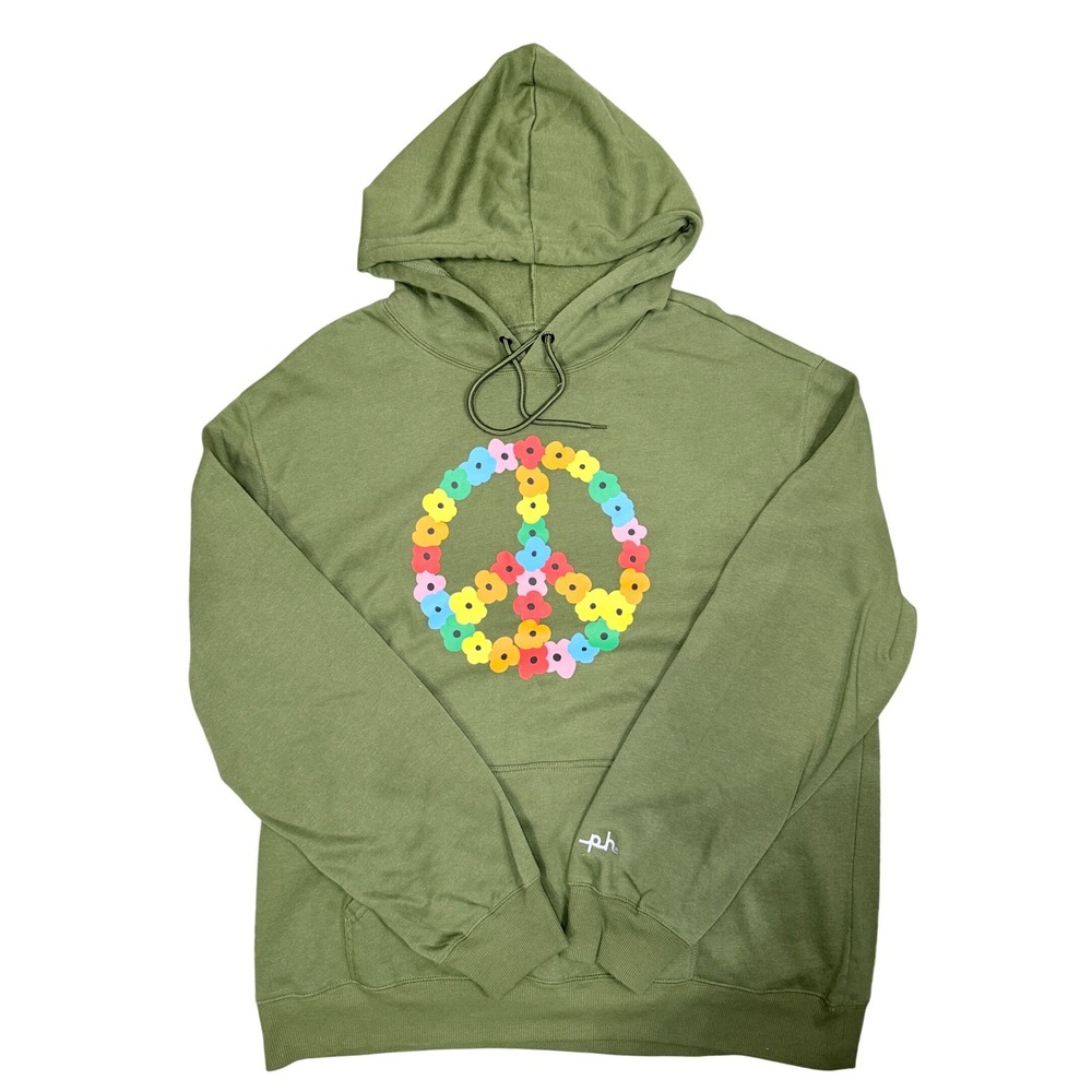 The Phluid Project‎ Olive Green Flower Peace Sign Hoodie Size L Unisex